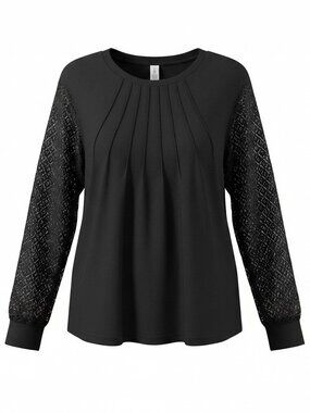 B Black Lace Sleeve Top XL Textured Knit Blouse Balloon Sleeve Dressy Casual